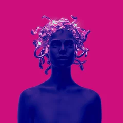Abstrakte Illustration aus der 3D-Darstellung einer weiblichen Frontalfigur mit goldglänzendem Medusa-Schlangen-Kopfstück isoliert auf dem Hintergrund in buntem Vaporwave-Stilverlauf und Palette. © Rrose Selavy