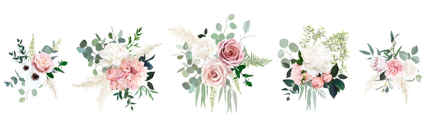 Blush pink rose, ranunculus, dahlia, peony, hydrangea, anemone, carnation flowers vector design - obrazy, fototapety, plakaty