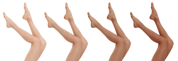 Collage with photos of women with smooth silky skin after epilation, closeup view of legs. Banner design