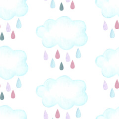 Clouds and rain nursery baby shower watercolor seamless pattern background for fabric, wallpaper, wrapping paper.