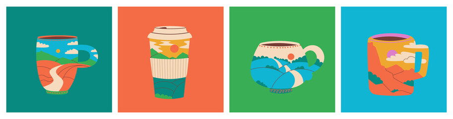 Cups and mugs of coffee or tea with a landscape inside. Coffee to go. Mountains, hills, sky and clouds. Set of trendy vector multicolor illustrations for design.