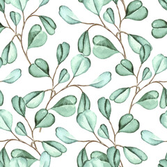Eucalyptus watercolor seamless pattern background for fabric, wallpaper, wrapping paper.
