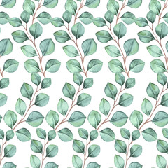 Eucalyptus watercolor seamless pattern background for fabric, wallpaper, wrapping paper.