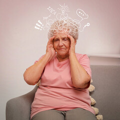 Elderly woman suffering from dementia at home. Illustration of messy thoughts during cognitive...