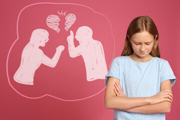 Cute girl because of parents divorce on pink background. Illustration of broken heart and arguing...