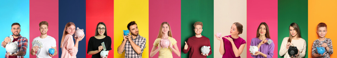 Collage with photos of people holding piggy banks on different color backgrounds. Banner design