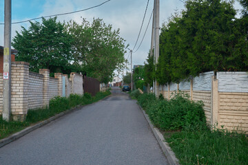 Lilac tree branches before house roof on blue sky background