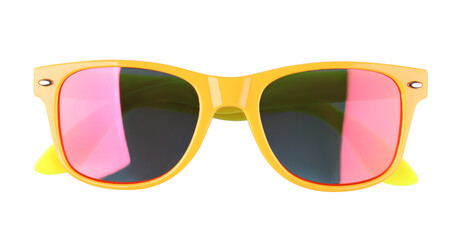 New stylish sunglasses with yellow frame isolated on white, top view