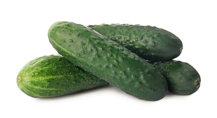 Whole fresh green cucumbers on white background