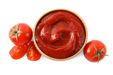 Tasty ketchup in wooden bowl and fresh tomatoes isolated on white, top view - Powered by Adobe