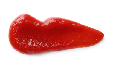 Smear of tasty ketchup on white background, top view