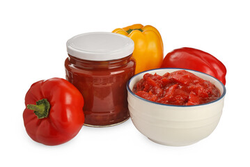 Delicious lecho and fresh bell peppers on white background