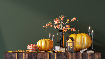 Halloween or thanksgiving mockup design. Dark green background with pumpkins, festive decor and candles. 3d rendering - obrazy, fototapety, plakaty