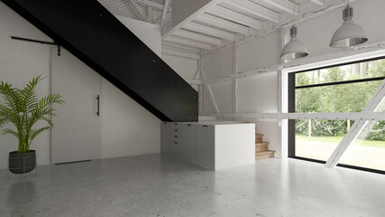 Fototapeta na wymiar Interior empty barn house 3D rendering