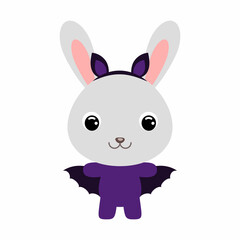 Cute little Halloween rabbit in a bat costume. Cartoon animal character for kids t-shirts, nursery decoration, baby shower, greeting card, invitation, house interior. Vector stock illustration