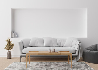 Empty white wall in modern living room. Mock up interior in scandinavian style. Free, copy space for your picture, text, or another design. Sofa, dried grass in vase, wooden table. 3D rendering.