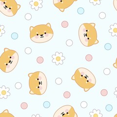 Seamless pattern of cute siba faces, flowers and dots on a blue background.