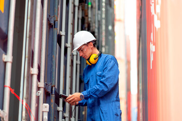 Fototapeta na wymiar Cargo container with blue collar and safety protection uniform use barcode scaner to check product and stay between stack of the tanks in workplace area.