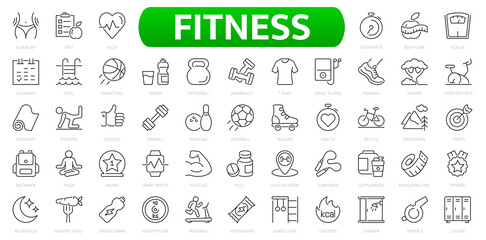 Sport and fitness icons set. Fitness exercise, football, gym, diet, jogging, weight and more line icon.