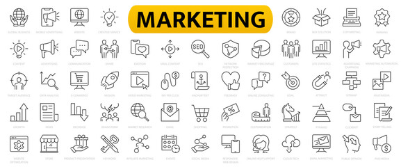Digital marketing icons set. Content, search, marketing, ecommerce, seo, electronic devices, internet, analysis, social and more line icon. - obrazy, fototapety, plakaty