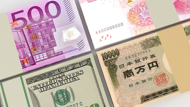 Picture of US, China, Japan and Euro banknotes,investment finance world exchange rate,cash in the financial system,3d rendering