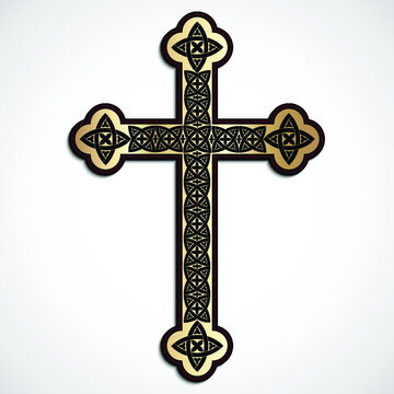 golden cross with celtic design ornaments / vector illustration
