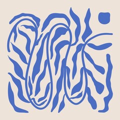 Floral contemporary poster. Abstract minimal organic wavy shapes, modern geometric graphic Matisse inspired. Vector art