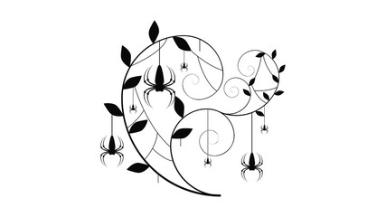 Spiders on Web with white Background. Flower Plant Brunch Halloween Background Design Element. Spooky, Scary Horror Decoration Vector