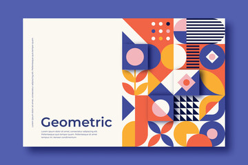 Bauhaus inspired banner with square figures, shadows and text. Minimal modern abstract brochure. Abstract retro poster with basic figures templates