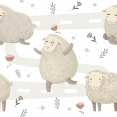 Hand-drawn vector illustration in cartoon style. The seamless pattern design. Print for nursery. Cheerful sheep are resting on a meadow with flowers. Pastel colors, white background. Textured elements