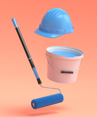 Fototapeta premium Set of safety helmet, bucket with paint rollers and brushes on orange background