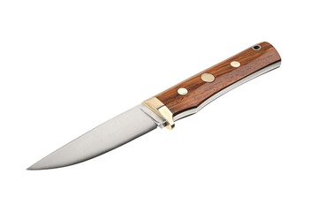 Modern hunting knife with silver blade and rubber handle. Steel arms. Isolate on a white back