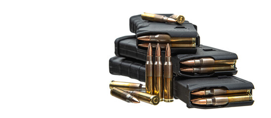 Cartridges and clips for a rifle or carbine. Ammunition for weapons. Isolate on a white back.