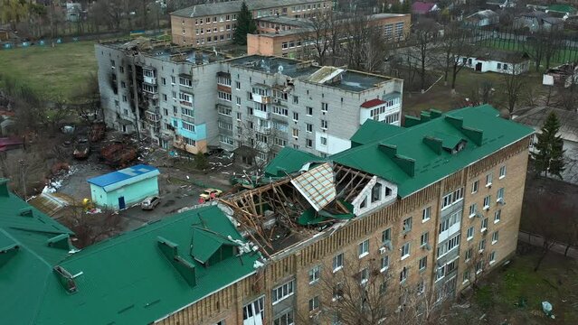 The city destroyed by Russian troops filmed from a drone