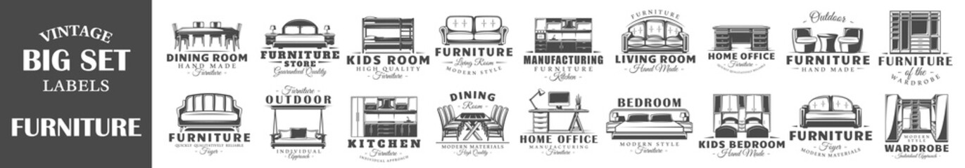 Set of vintage furniture labels. Templates for the design of logos and emblems. Collection of furniture symbols: sofa, table, bed. Vector illustration