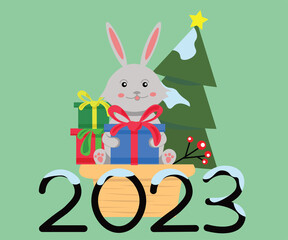 new year rabbit holding gifts Christmas tree snow