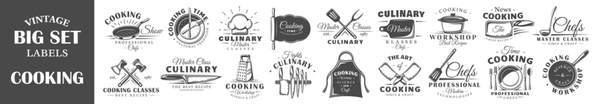 Set of vintage cooking labels. Templates for the design of logos and emblems. Collection of cooking symbols: pan, hat, rolling pin. Vector illustration