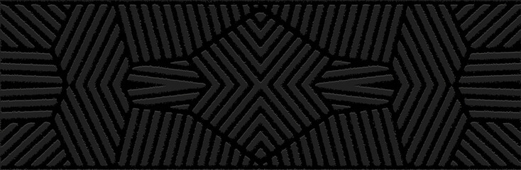 Banner, vintage cover design. Embossed ethnic 3D pattern of stripes and lines on a black background in art deco style. Tribal geometric ornaments of East, Asia, India, Mexico, Aztecs, Peru.
