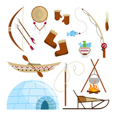 Set of equipment eskimos in cartoon style. Vector illustration of igloo, trays, bows and arrows, woods, spears, boots and mittens, sleigh, fish, knife, fire on white background.