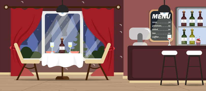 Vector illustration of a beautiful interior restaurant. Cartoon interior with a romantic table near the window with wine, a bar with a menu and alcohol.