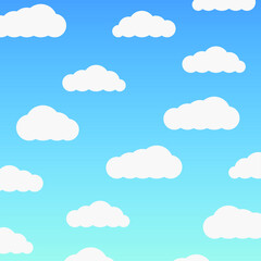 Clear summer sky with white fluffy clouds. Summer vector background with sun and clouds. Paper cut and digital crafts style. copy space for text.
