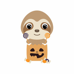 Cute Halloween sloth sitting in a trick or treat bag with candies. Cartoon animal character for kids t-shirts, nursery decoration, baby shower, greeting card, invitation. Vector stock illustration