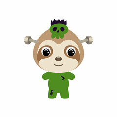 Cute little Halloween sloth in a Frankenstein costume. Cartoon animal character for kids t-shirts, nursery decoration, baby shower, greeting card, invitation. Vector stock illustration