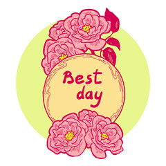 Beautiful roses decorative frame composition for quotes, wedding, birthday to celebrate special day. Floral border. Romantic flowers to decorate event. Hand drawn illustration. Vintage style drawing.