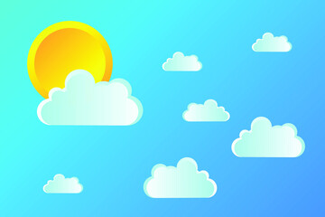 Clear summer sky with white fluffy clouds. Summer vector background with sun and clouds. Paper cut and digital crafts style. copy space for text.
