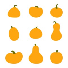 Pumpkin squash cartoon set for Thanksgiving or Halloween holidays design. Orange autumn pumpkins for festive lamps, sticker, decoration, page, web. Isolated vector stock illustration.