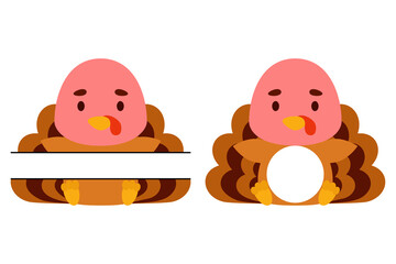 Cute little turkey split monogram. Funny cartoon character for kids t-shirts, nursery decoration, baby shower, greeting cards, invitations, scrapbooking, home decor. Vector stock illustration