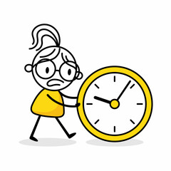 Businesswoman pushing a clock on white background. Hand drawn doodle woman. Vector stock illustration