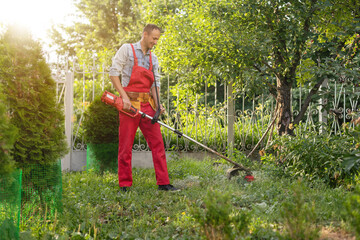 Mowing the grass with a lawn mower. Garden work concept background.