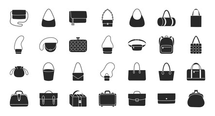 Women bags illustration including flat icons - purse, handbag, clutch, business briefcase, backpack, leather suitcase, postback, shopper. Glyph silhouette art about clothes accessory. Black color